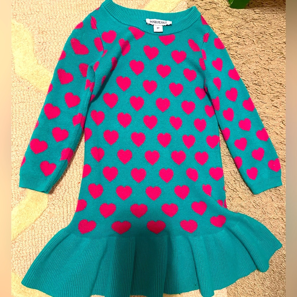 Posh peanut toddler girls Turquoise Queen of hearts sweater dress size 3t